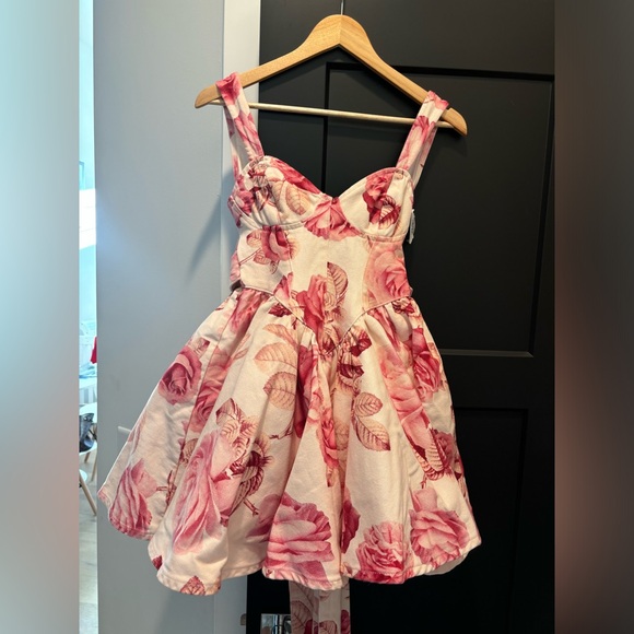 ASOS LUXE denim corseted printed skater mini dress bow back pink Rose floral NEW - Picture 5 of 8